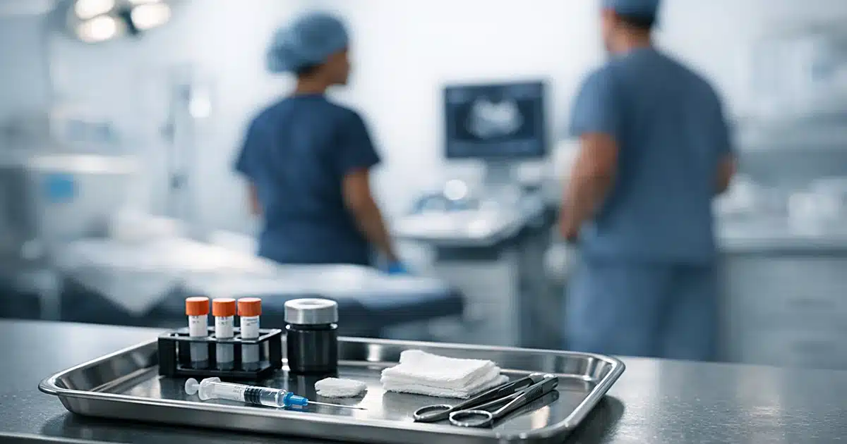 Medical examination room with steel tray and clinical instruments in modern fertility clinic setting