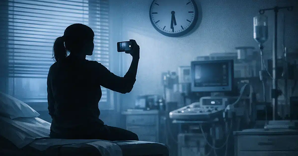 Silhouette of person on medical table holding phone in early morning clinical room with equipment in background