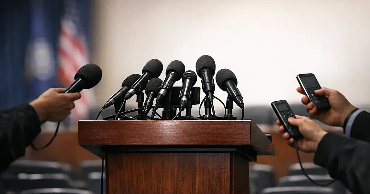 Press briefing podium surrounded by reporters' silhouettes holding microphones and recording devices forward