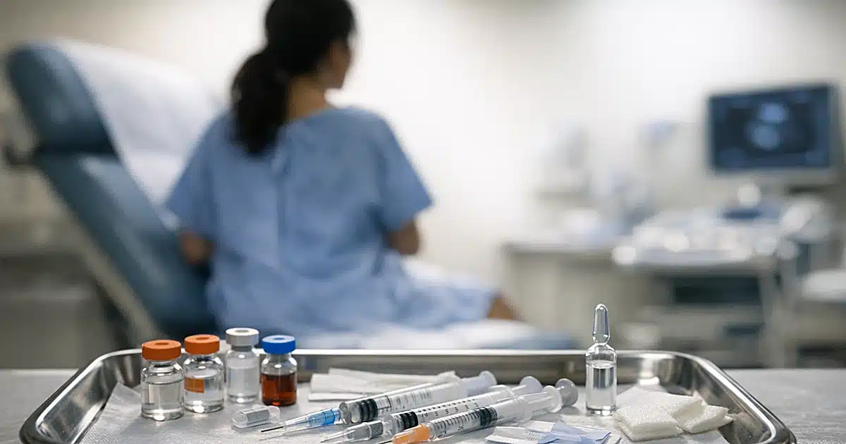Medical fertility treatment supplies on stainless steel tray in clinical examination room