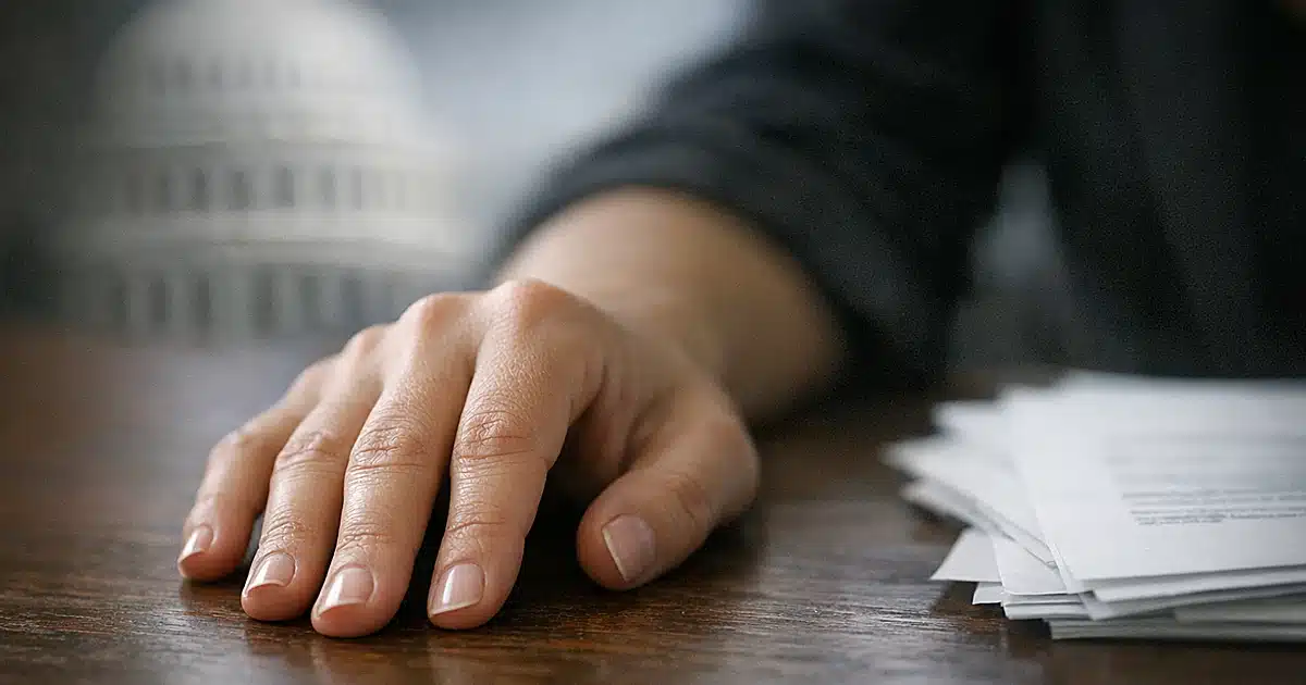 Close-up of a woman's bare left hand showing tan line on ring finger where engagement ring was previously worn