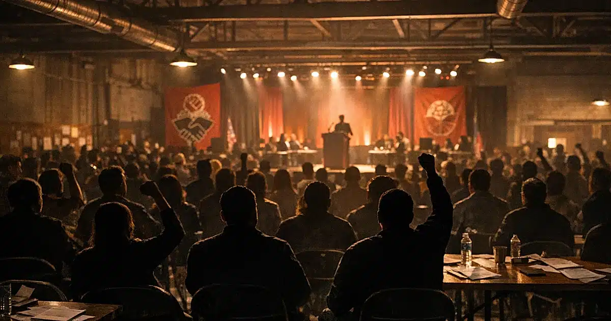 Wide view of political organizing meeting with silhouetted attendees facing distant illuminated stage platform