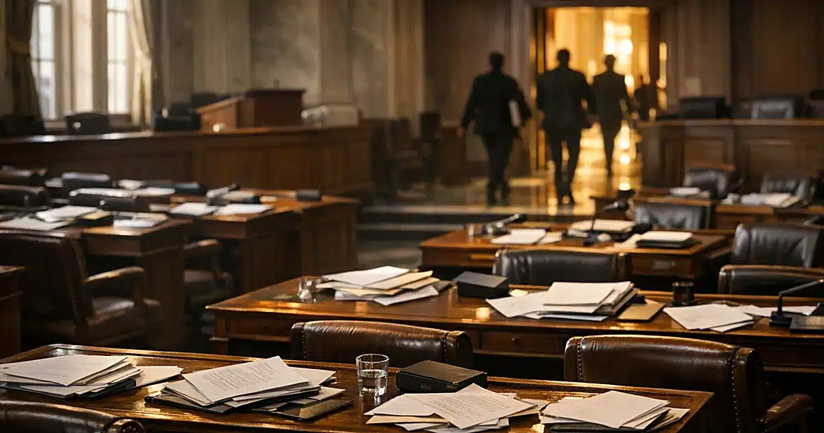 Legislative chamber interior with scattered papers on desks and silhouetted figures in background doorway