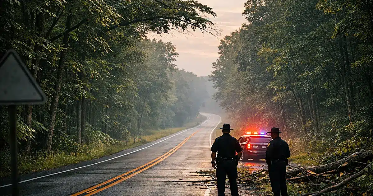 Empty rural highway lined with tall trees on both sides at dusk with atmospheric lighting