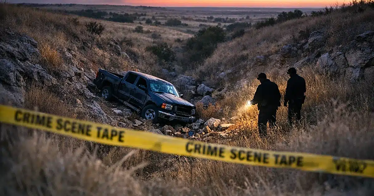 Abandoned pickup truck in ravine with crime scene tape at dusk in rural Oklahoma landscape