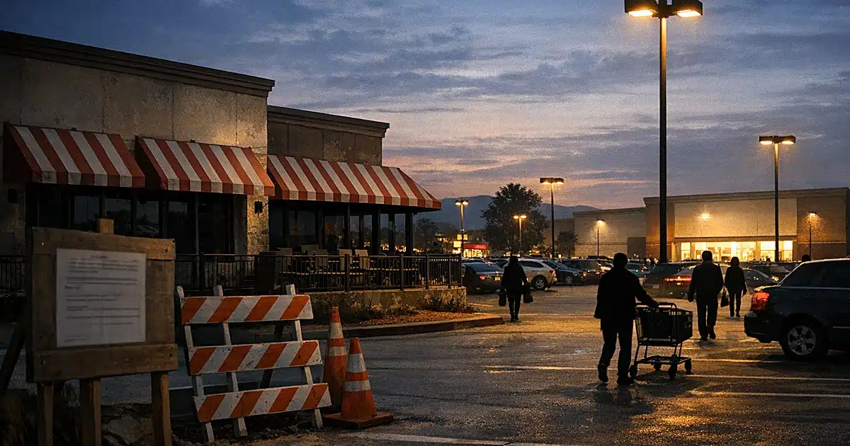 Empty restaurant storefront with striped awnings at shopping center, construction barriers in foreground, shoppers as silhoue