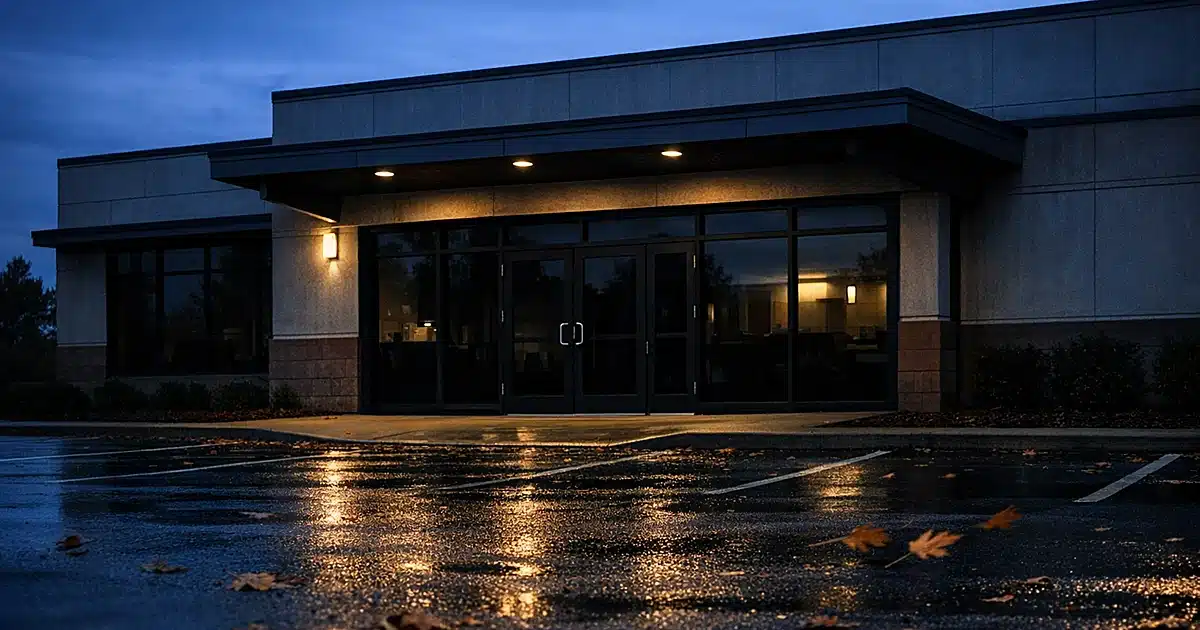 Empty medical clinic exterior at dusk with darkened windows and vacant parking lot