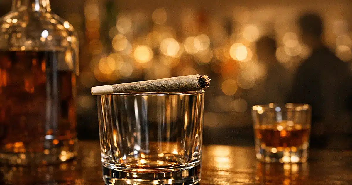 Marijuana cigarette resting on empty whiskey glass rim at bar with blurred bottle shelves in background