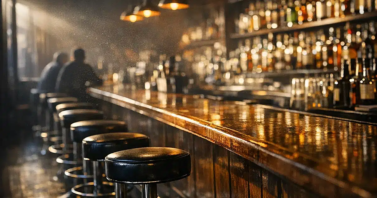 Empty bar interior with vacant stools and untouched liquor bottles on backlit shelves in warm ambient light