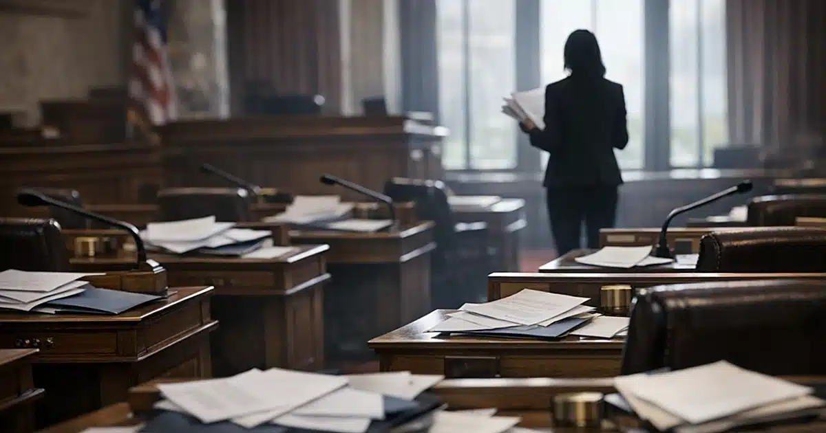 Silhouetted figure in Wisconsin legislative chamber with scattered campaign documents on desks