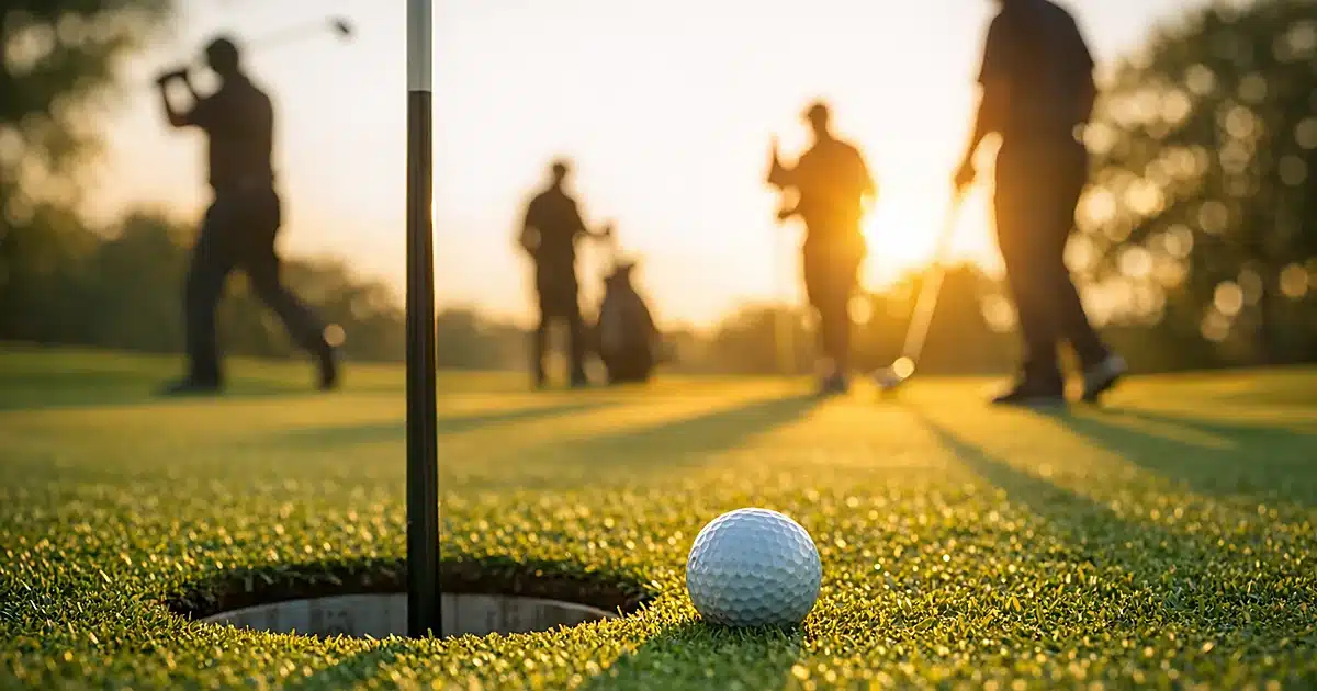 Golf ball near hole on green with silhouetted golfers in background at sunset