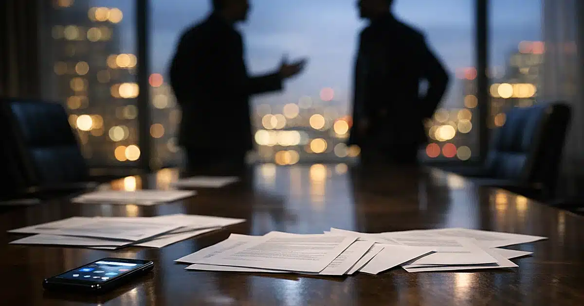 Corporate boardroom with silhouetted figures in tense standoff across conference table with documents and glowing phone