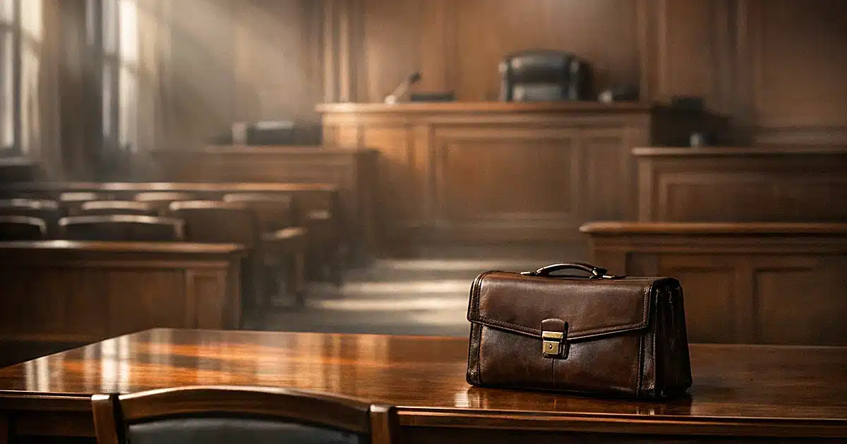 Empty courtroom with vacant defense table and single briefcase, emphasizing absence during court proceedings