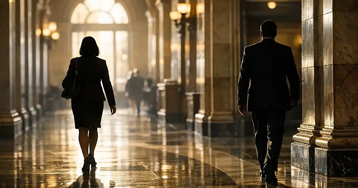Two silhouetted figures walking in opposite directions in a state capitol hallway with dramatic window lighting