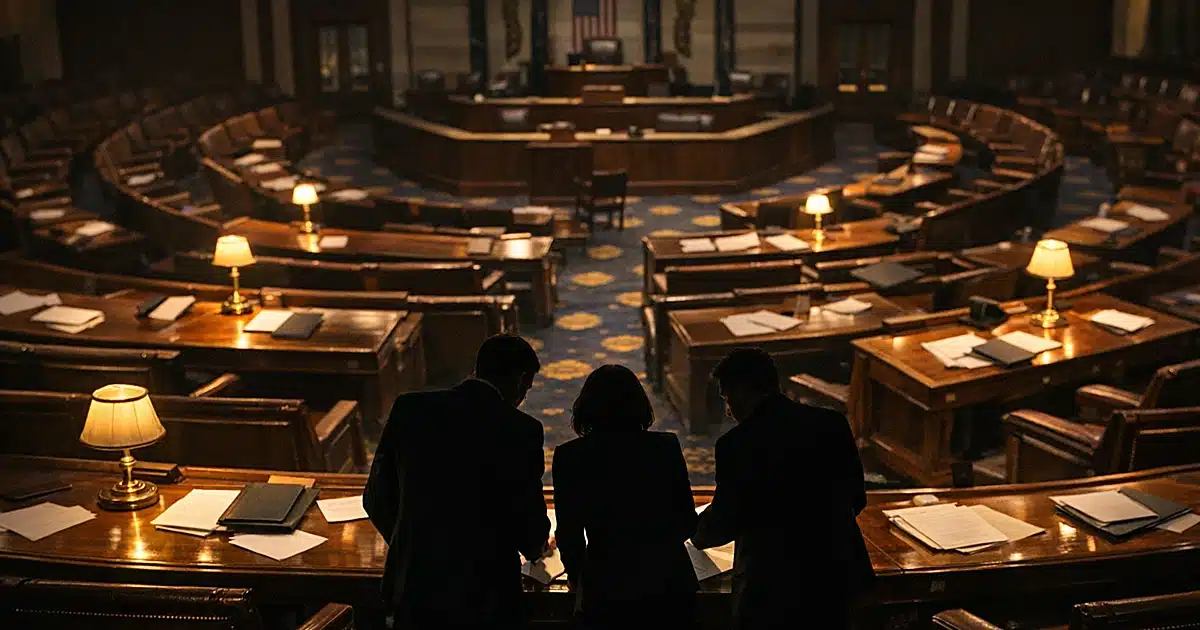 Empty congressional chamber at dusk with silhouetted staffers gathered around desk reviewing documents