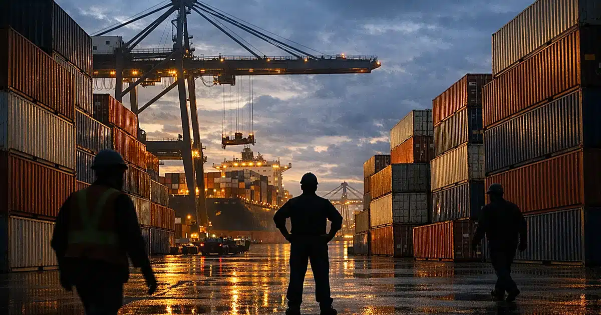 Shipping containers stacked at an industrial port facility at dusk with workers silhouetted among cargo