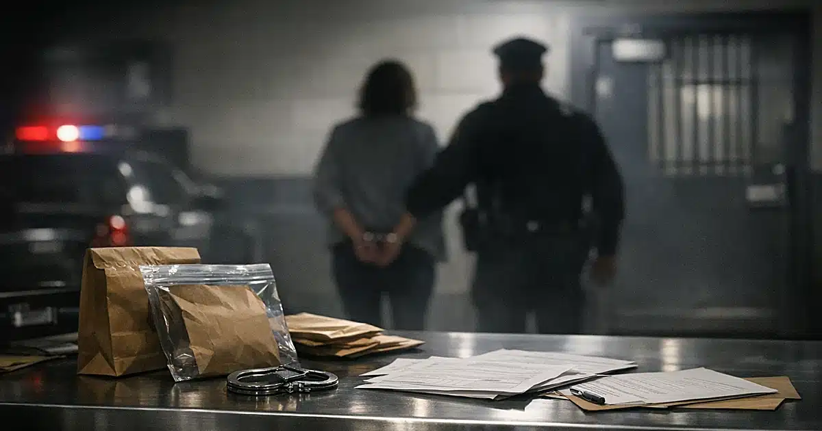 Police booking station counter with evidence bags and silhouetted figures near security door in dim lighting