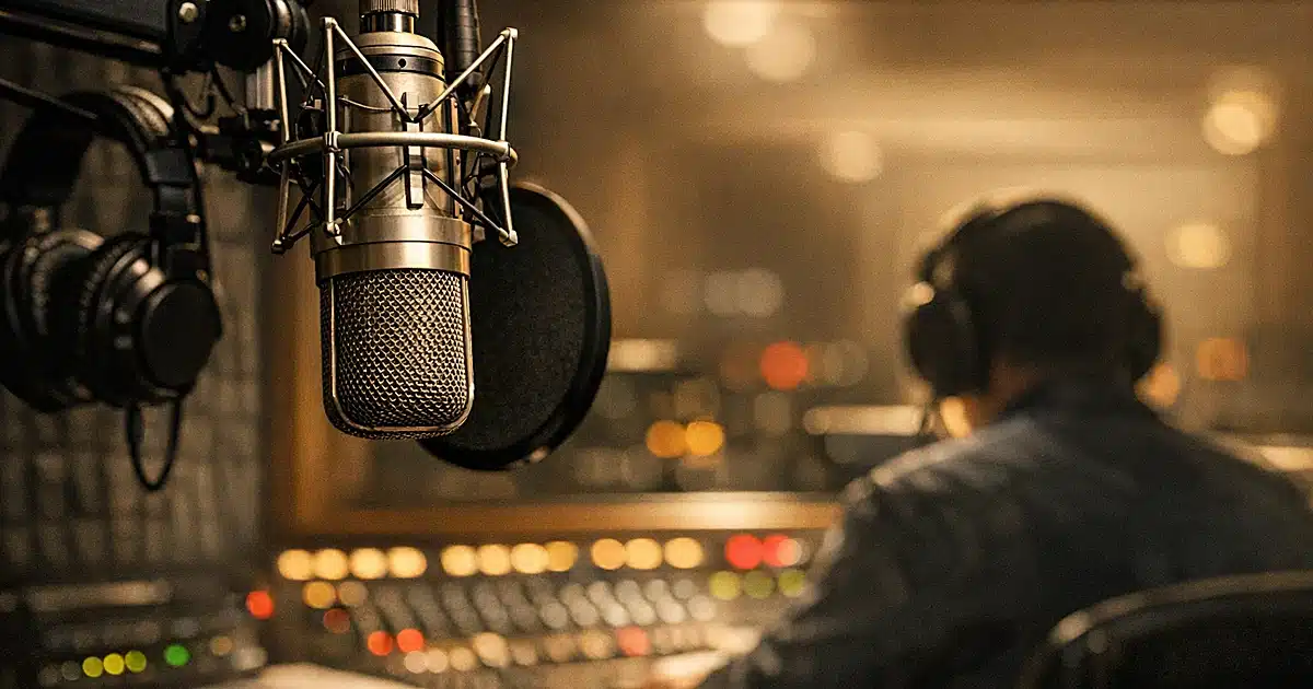 Professional broadcast microphone in recording studio with warm lighting and acoustic foam background