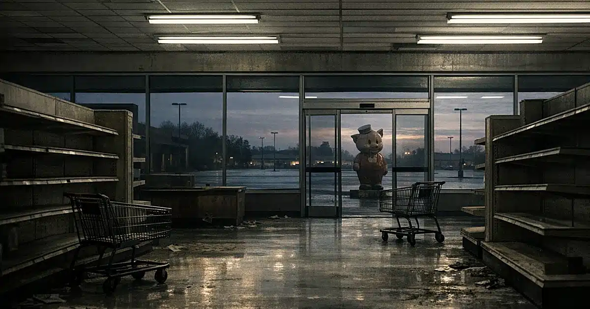 Empty grocery store with bare shelves, abandoned carts, and pig mascot statue visible through windows at dusk