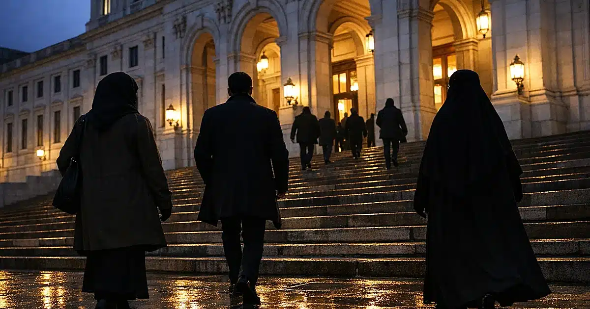 Silhouetted figures ascending steps of European government building at dusk with classical architecture