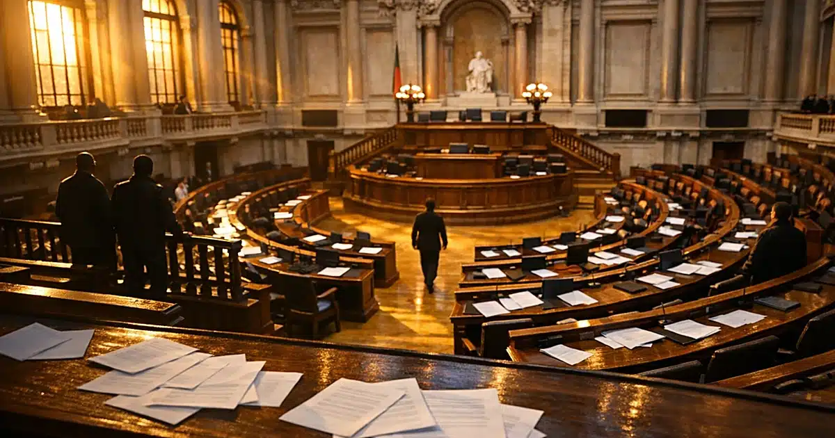 Empty European legislative chamber with scattered papers on benches, dramatic window light at dusk