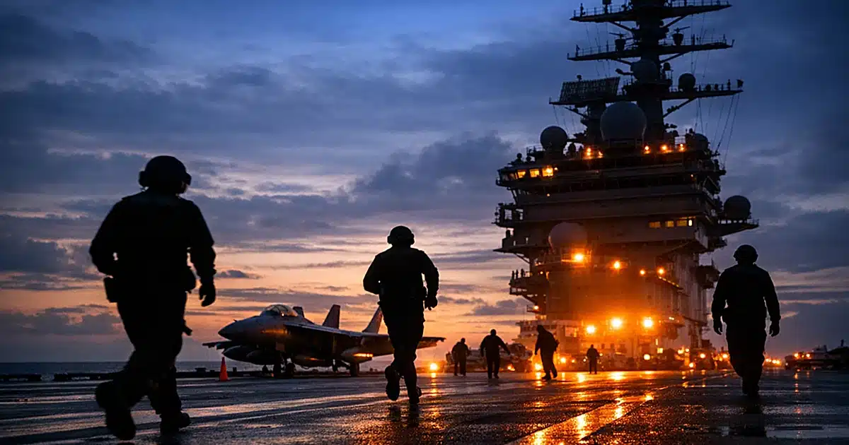 Aircraft carrier flight deck at dusk with silhouetted crew members and emergency lighting across the surface