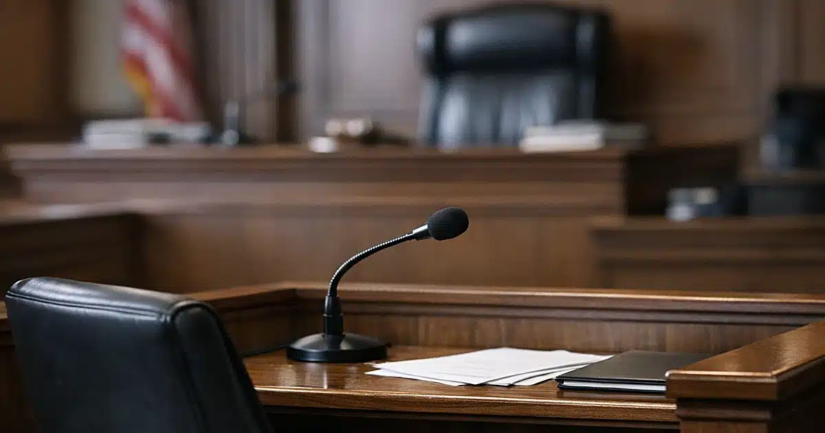 Empty courtroom witness stand with microphone, judge's bench visible in background with dramatic window lighting