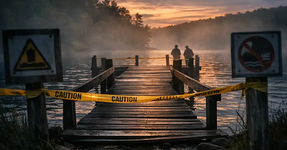 Empty dock at lake with caution tape blocking entrance at dusk with fog over water