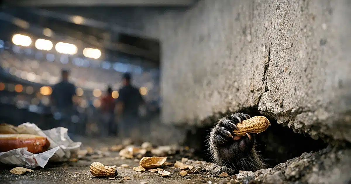 Animal paw reaching through gap in concrete stadium bleachers to grab peanut shells on ground
