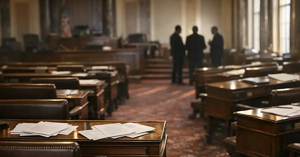 Empty Senate chamber with wooden desks and distant silhouetted figures in afternoon light