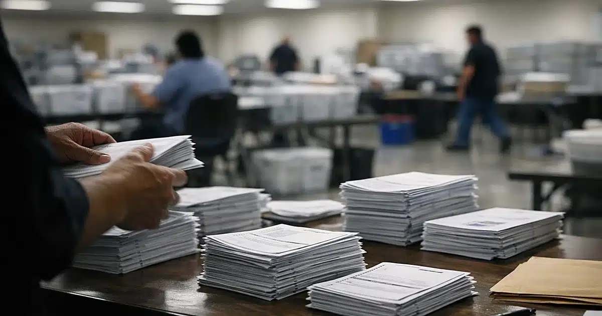 Election worker's hands sorting paper ballots on table in Florida county elections office at night