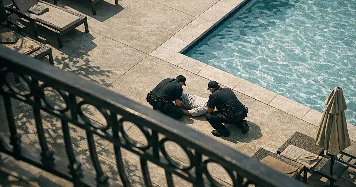 Aerial view of two staff members attending to person lying by residential pool, seen from balcony above