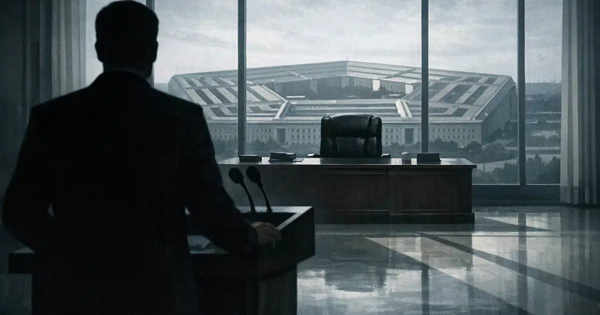 Silhouetted figure at podium facing empty desk with Pentagon visible through windows in government office