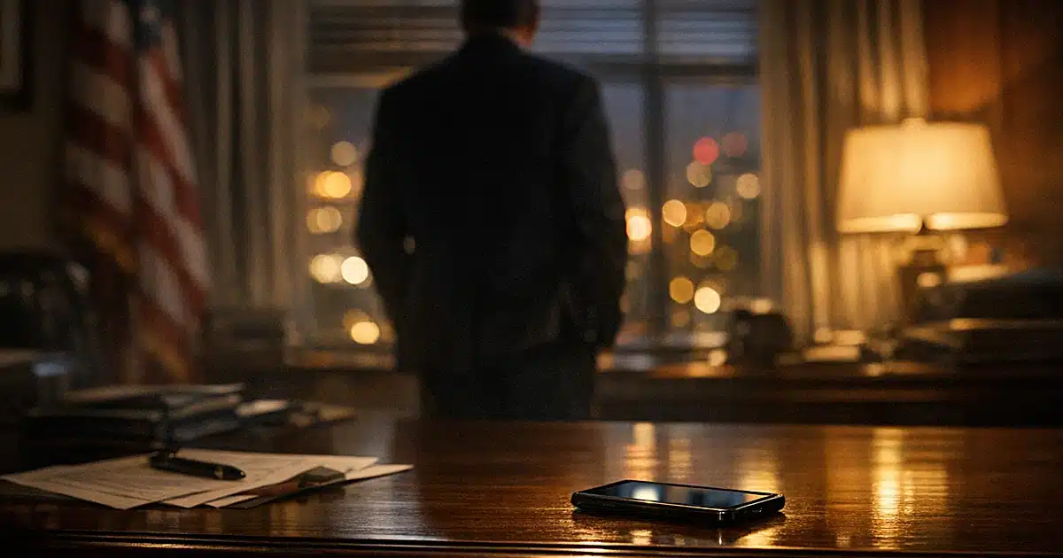 Congressional office desk with glowing smartphone at night, silhouetted figure at window with city lights beyond