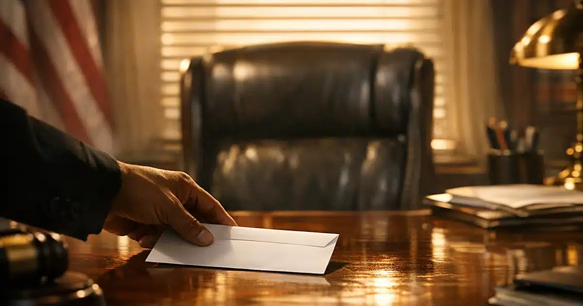 Silhouetted hand sliding blank paper across congressional office desk toward empty leather chair in afternoon light