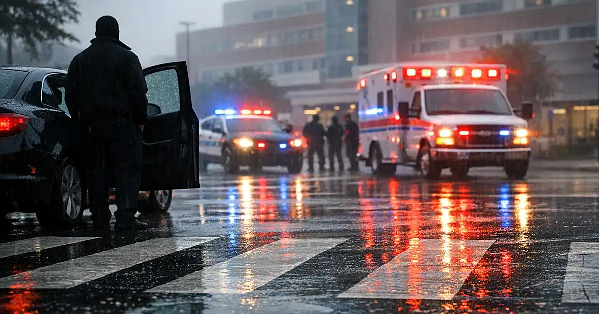 Rain-wet urban intersection with emergency lights reflecting on pavement and silhouetted figure near vehicle