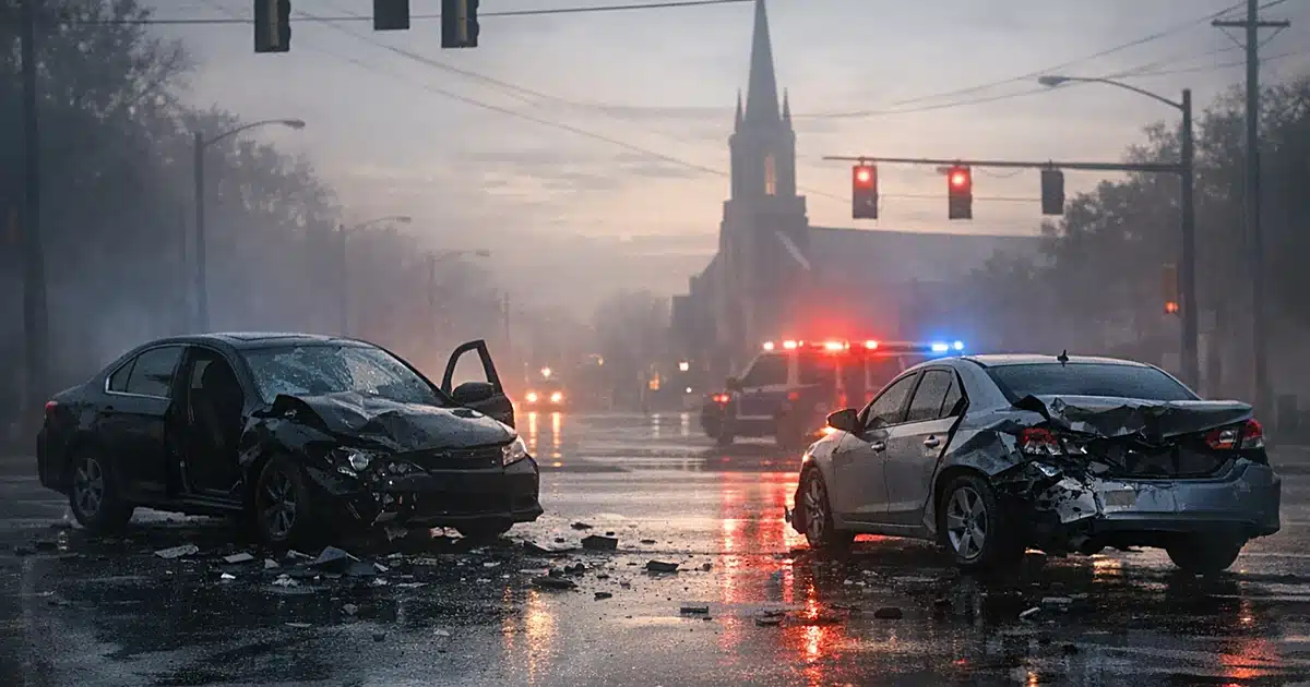 Empty intersection with two damaged vehicles after collision, church steeple in background, emergency lights reflecting