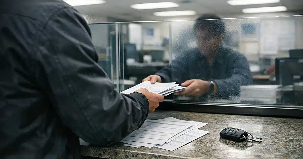 Silhouetted person at DMV counter sliding documents across surface under fluorescent lighting