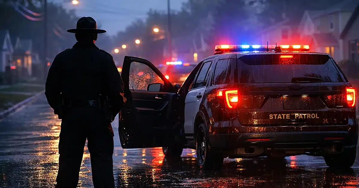 Minnesota State Patrol vehicle with emergency lights on wet suburban street at dusk