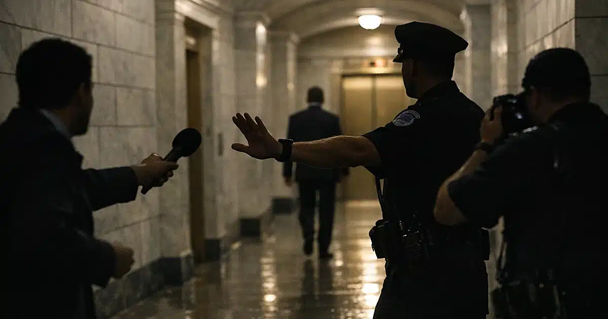 Capitol Police officer blocking journalists in Senate office building hallway as senator walks away