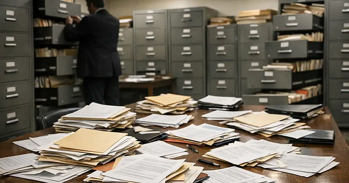 County records room with open filing cabinets and scattered documents on table, silhouetted official examining files