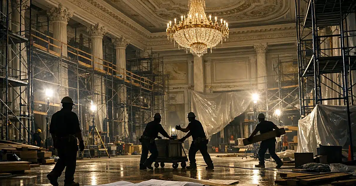 Grand ballroom under construction with scaffolding, work lights, and silhouetted workers moving equipment