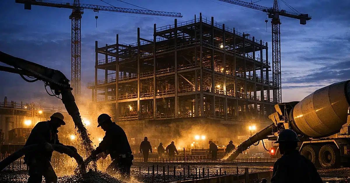 Construction workers pouring concrete at large building site at dusk with cranes and steel framework visible