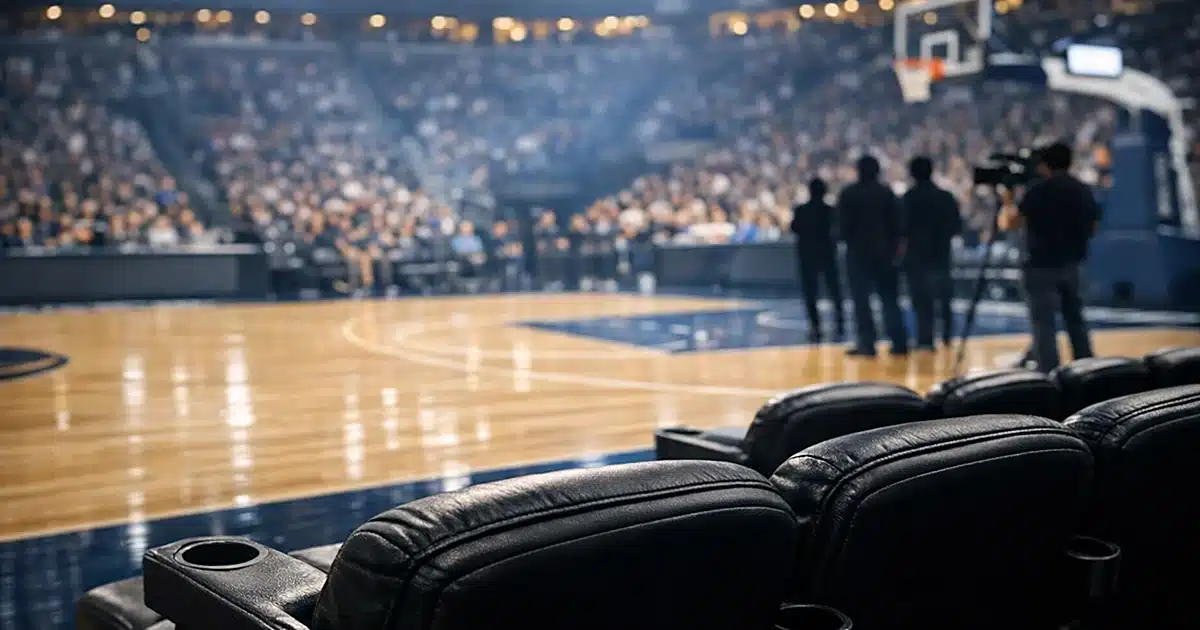 Empty courtside seats at a professional basketball arena with hardwood court and crowd silhouettes in background