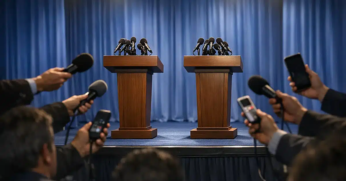Two podiums with microphones in a press briefing room with reporters' silhouettes reaching forward from foreground