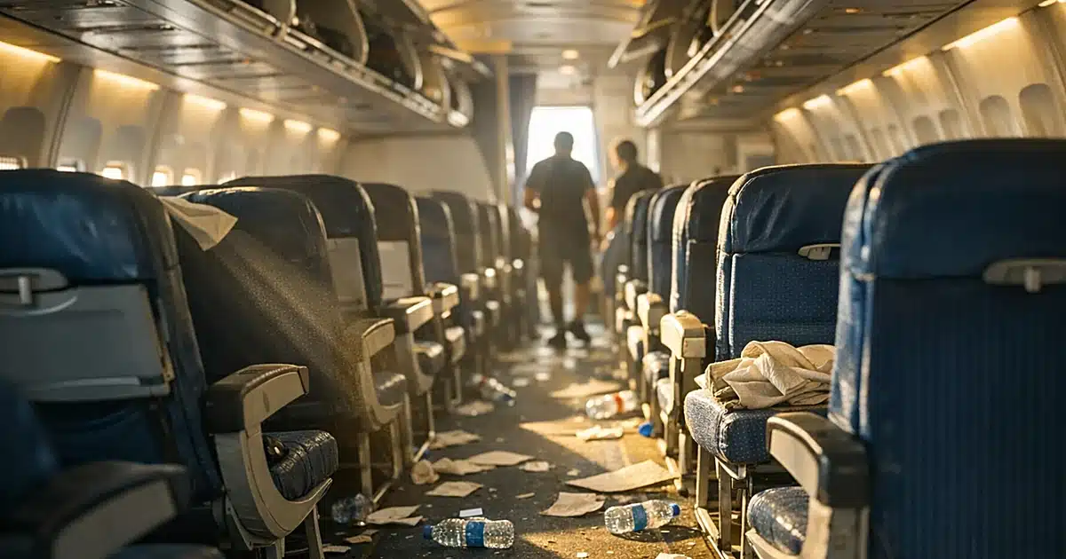 Empty commercial aircraft cabin interior with scattered belongings and harsh sunlight through windows