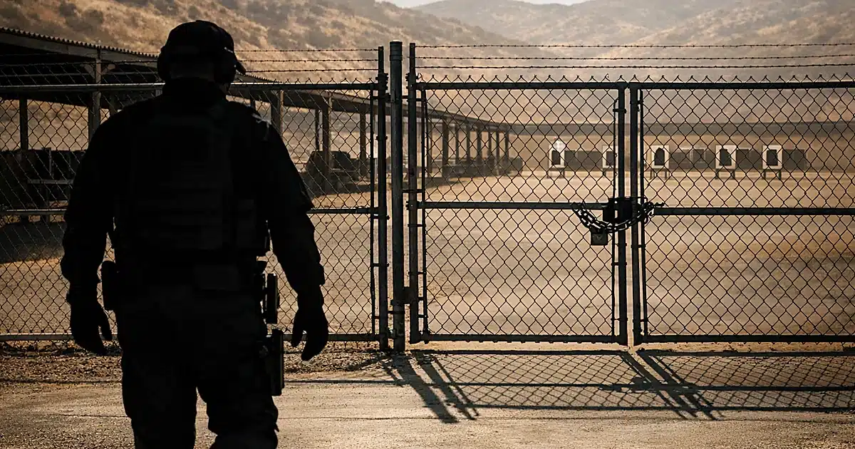 Empty outdoor shooting range with silhouetted figure walking toward locked gate under bright sunlight