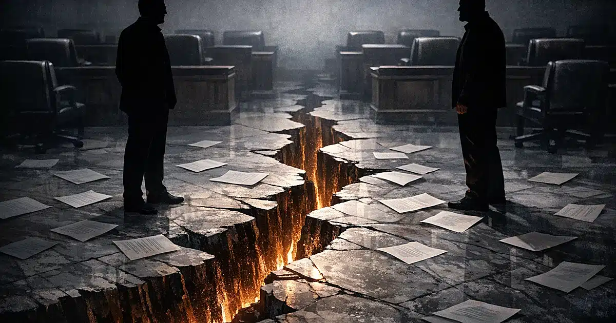 Two silhouettes separated by a deep crack splitting a legislative chamber floor, symbolizing Democratic division