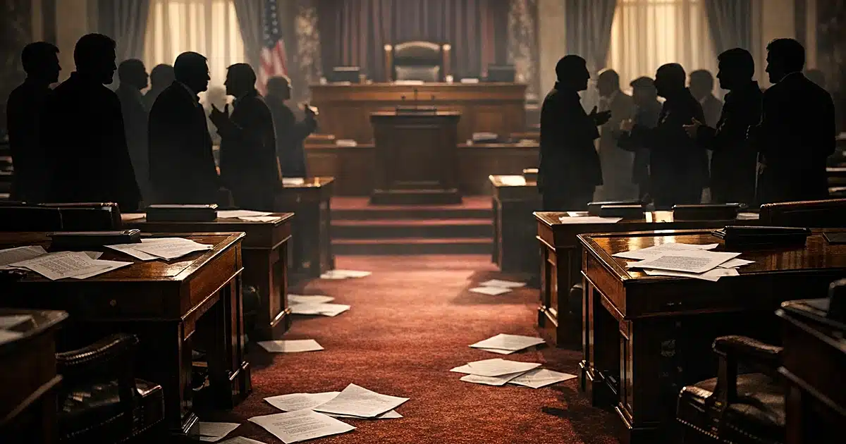 Silhouetted figures standing on opposite sides of Senate chamber aisle with scattered papers on desks