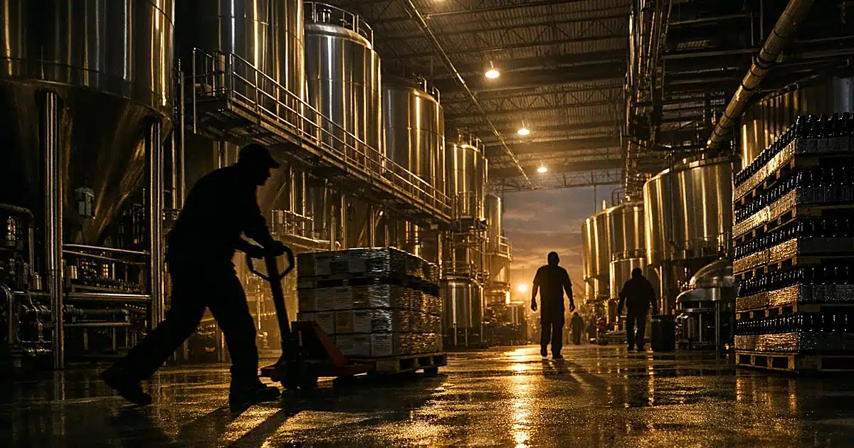 Industrial craft brewery production floor with stainless steel fermentation tanks and silhouetted workers
